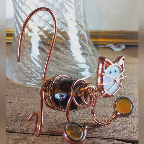 Other - COPPER WIRE CAT SCULPTURE WITH BLOWN GLASS AND BOBBLE HEAD